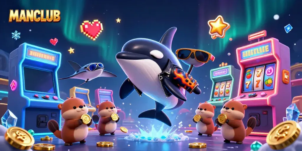 Join the action at MANCLUB casino with an orca, stingray, and sea otters in a vibrant gaming scene.