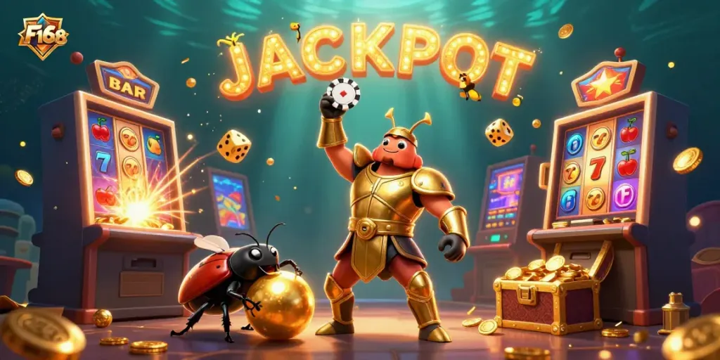 Experience the thrill of winning with F168 as the hercules beetle celebrates with a jackpot in a dynamic casino scene.