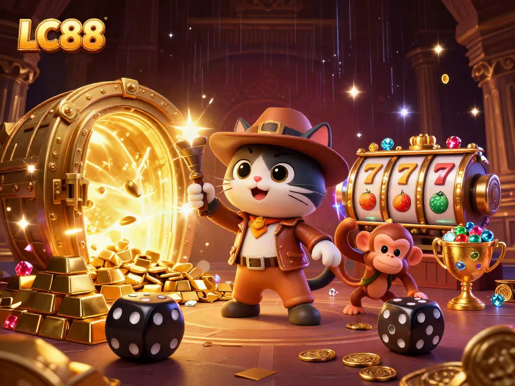 Experience the thrill of LC88 gaming with a dynamic treasure hunt scene featuring cats and slot reels.