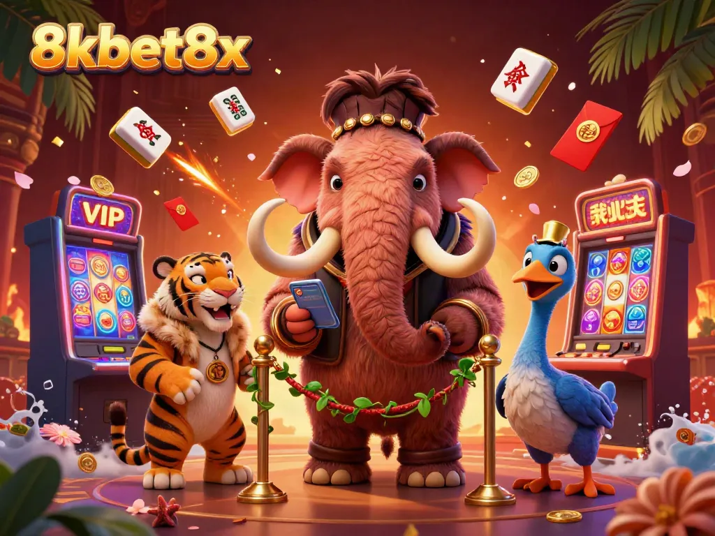 Experience thrilling gameplay with 8xbet8x, featuring a vibrant casino scene with a woolly mammoth bouncer.