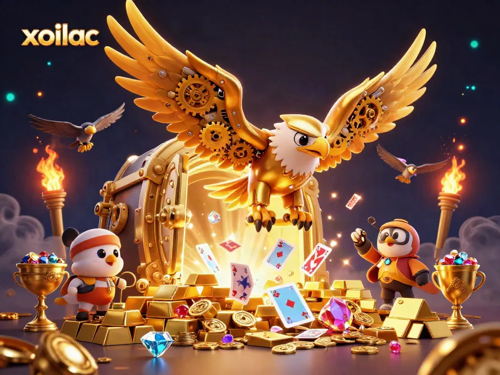 Experience the thrilling dive of the xoilac golden eagle amidst a cascade of holographic cards and treasure.