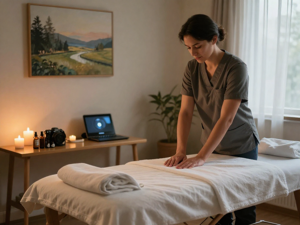 Relaxing 출장마사지 scene showcasing a professional therapist preparing the serene ambiance for a home massage session.