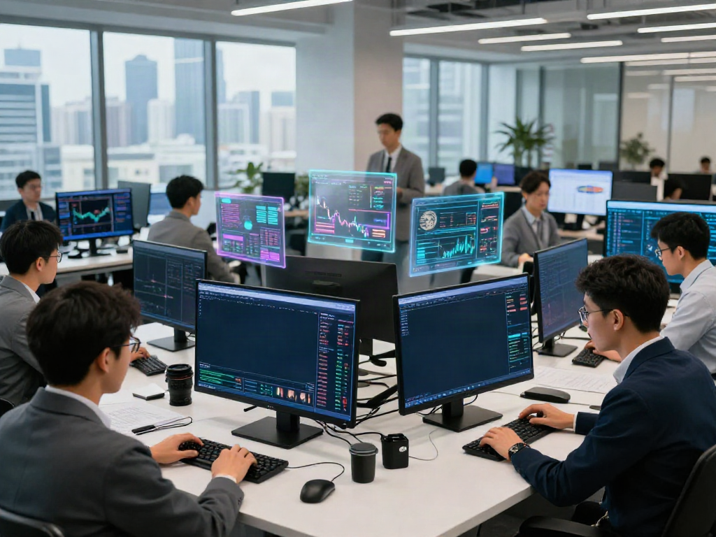 Dynamic trading scene showcasing slate capivex with traders and high-tech data displays.