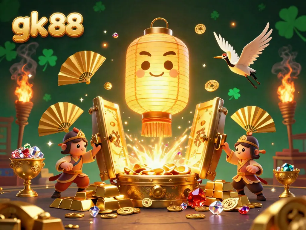 Experience thrilling moments with gk 88 at a glowing casino filled with golden treasures in this vibrant illustration.
