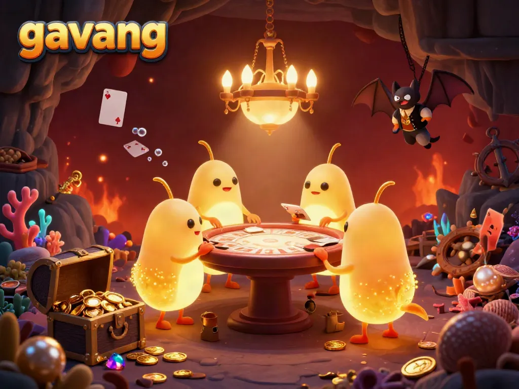 Experience thrilling gaming moments at Gavang with a lively, illuminated cave casino scene featuring glowworms and a bat dealer.