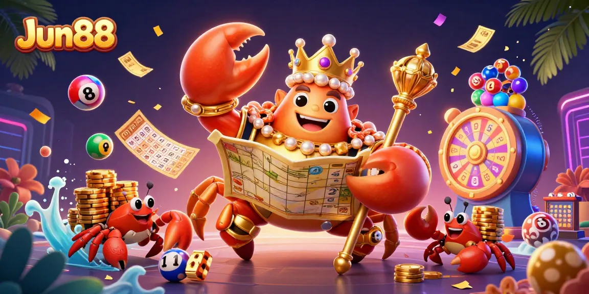 Jun88 players enjoy vibrant casino action with a golden crab emperor and lively lottery elements.