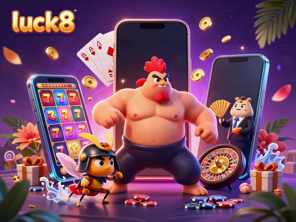 Experience thrilling wins at luck8 with a vibrant casino scene featuring a sumo rooster, fighting cricket, and tanuki announcer.