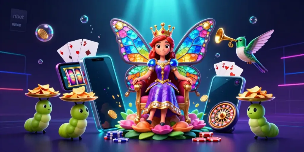 Experience the magic of nbet through a vibrant 3D casino scene adorned with a butterfly queen, treasures, and game elements.