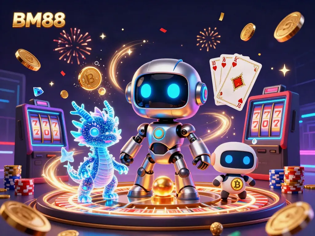 Win big with BM88 in a vibrant 3D casino scene featuring dynamic robots and festive elements.