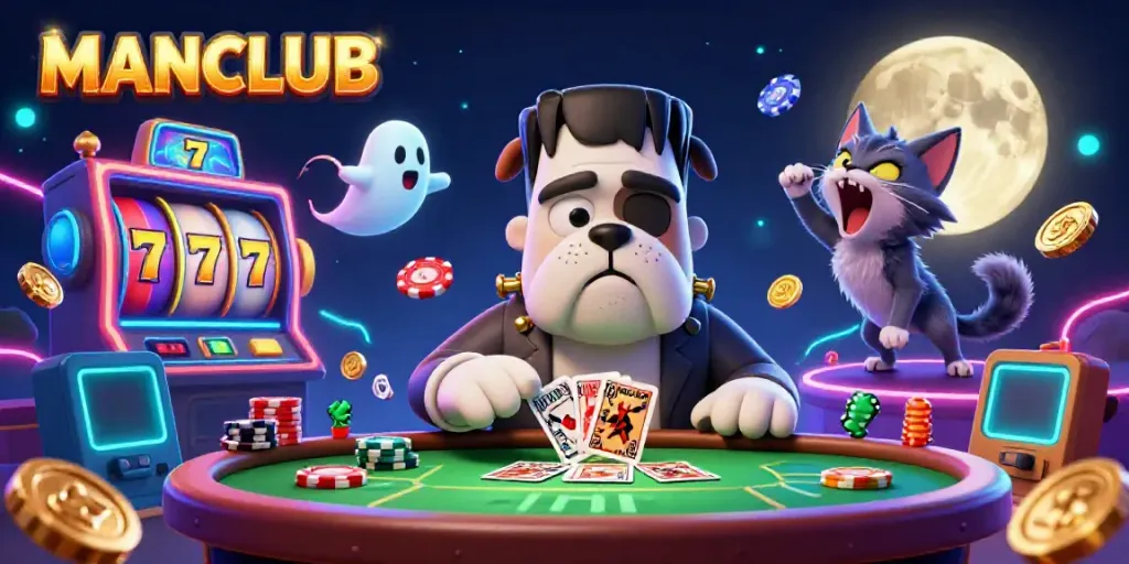 Engage with MANCLUB at a vibrant casino scene featuring a cartoon bulldog dealing cards amidst rich slot machine elements.