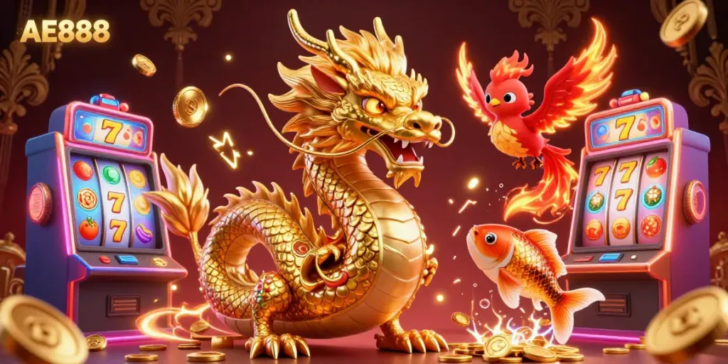 Spin the reels at AE888 with a fierce dragon, phoenix, and koi fish amidst gold coins and vibrant slots.