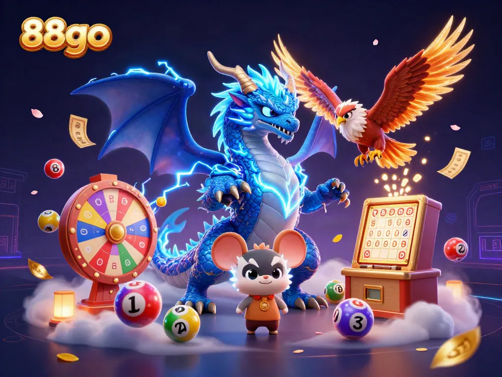 Unlock the thrill of 88go with vibrant lottery balls and casino elements in a dynamic 3D scene.