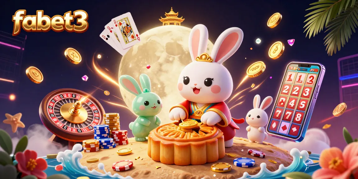 Experience fabet3's vibrant casino world with a lunar-themed rabbit and poker excitement.
