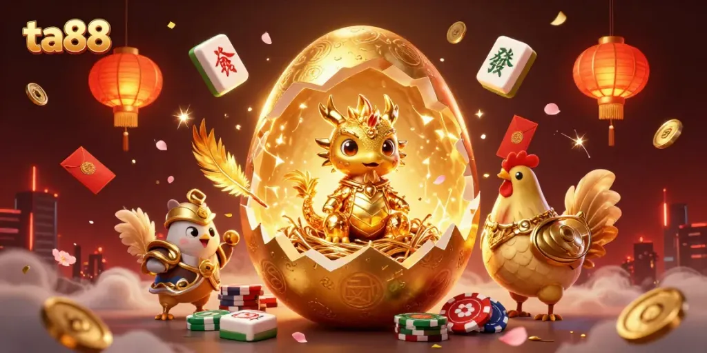 Win at ta88 with a golden dragon emerging from a nest of poker chips, surrounded by festive casino symbols.