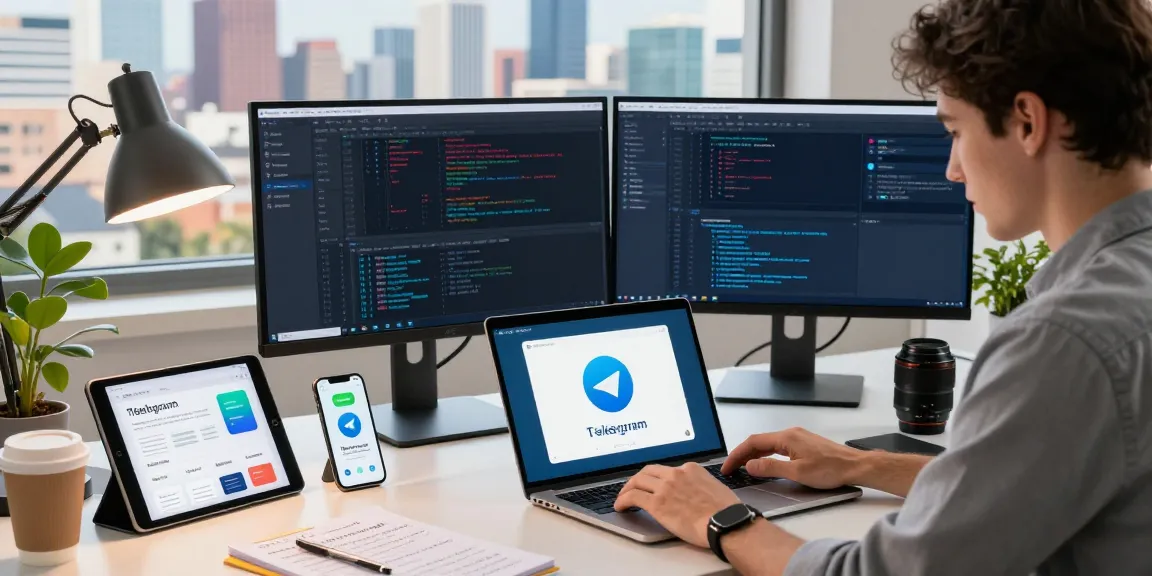 Focused professional downloading Telegram app on laptop in a modern workspace with vibrant city skyline.