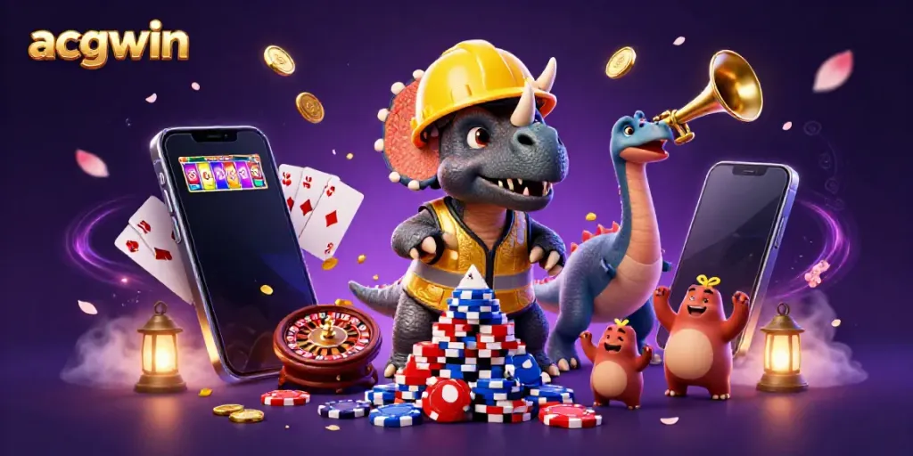 Engage with the acgwin universe through a festive 3D illustration of a triceratops building a poker chip pyramid.