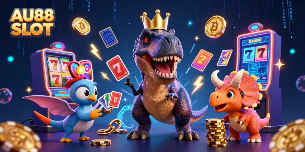 The lively scene of AU88 SLOT featuring a T-Rex in a golden crown shuffling cards, with vibrant slot machine elements surrounding