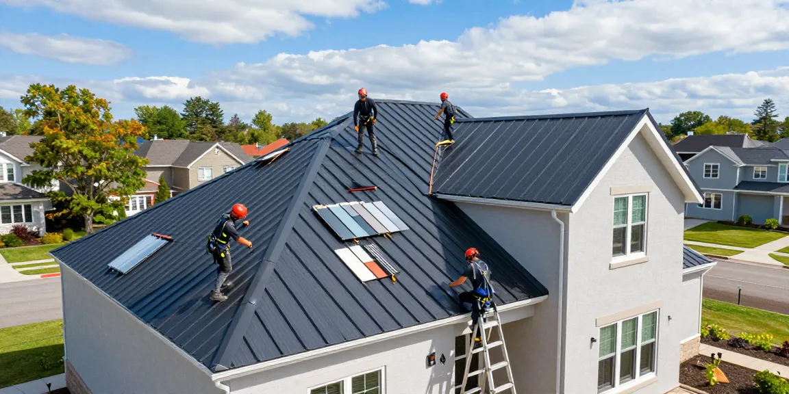 Completed metal roofing projects featuring professional installation of standing seam roofs and shingles.