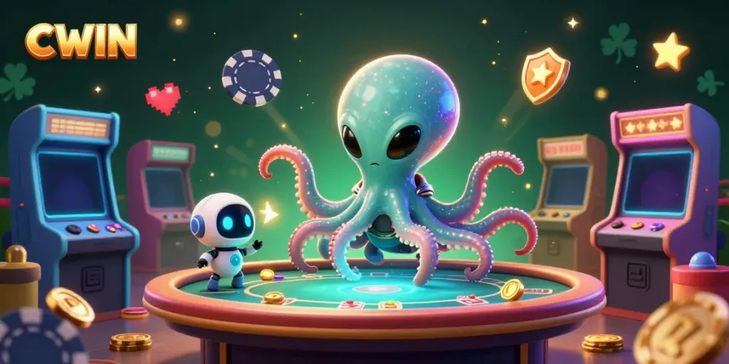 CWIN's vibrant online casino atmosphere with an alien octopus and robot at a holographic poker table, surrounded by colorful arcade machines.