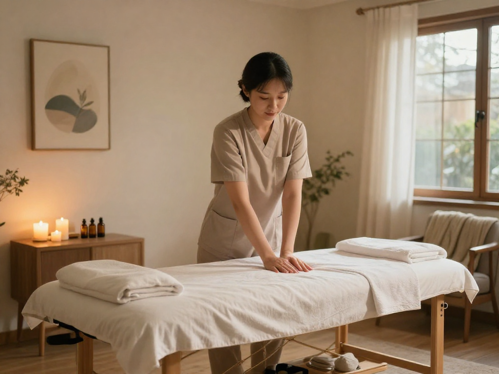 출장마사지 therapist preparing a cozy living room for a massage session with calming elements.