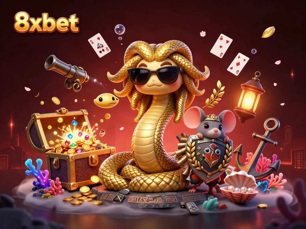 Experience the thrilling gaming world of 8xbet with vibrant Medusa and a heroic mouse in a dynamic casino setting.