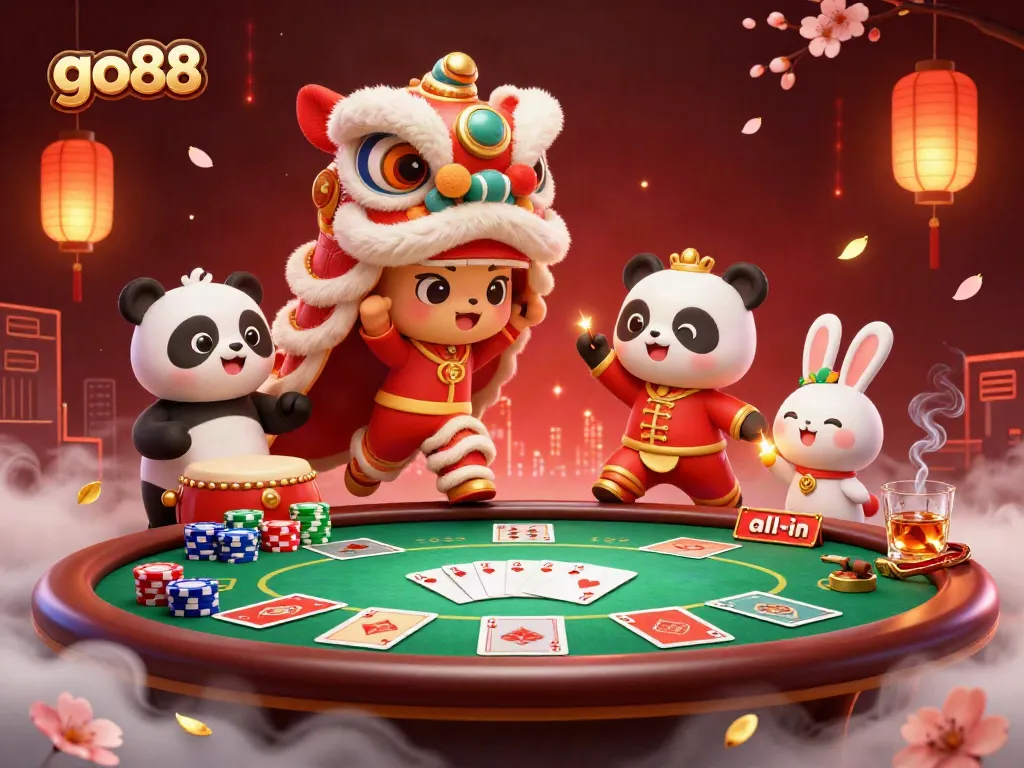 Experience the excitement of go88 with a dynamic and colorful 3D illustration featuring gambling elements like poker chips and cards.