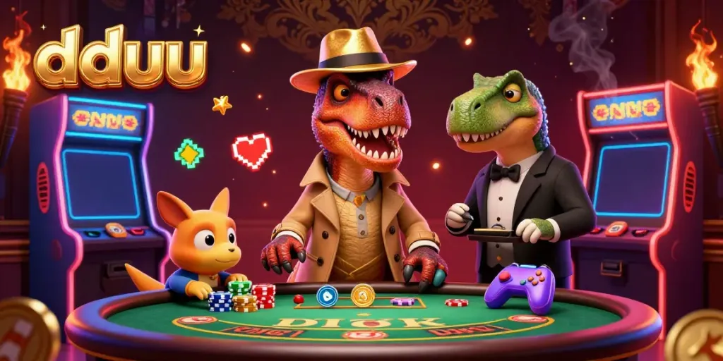 Win big with dduu at a vibrant blackjack table featuring a velociraptor, stegosaurus, and compy in action.