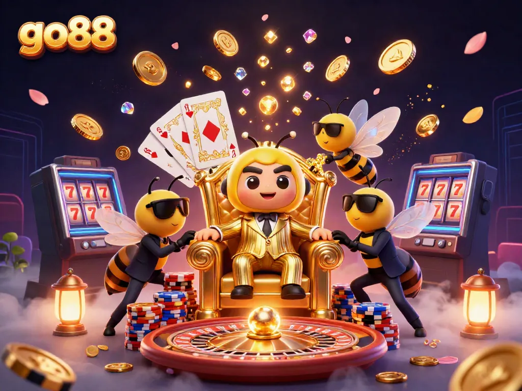 Engage with go88's thrilling games featuring a cartoon mob boss amidst golden coins and casino elements.