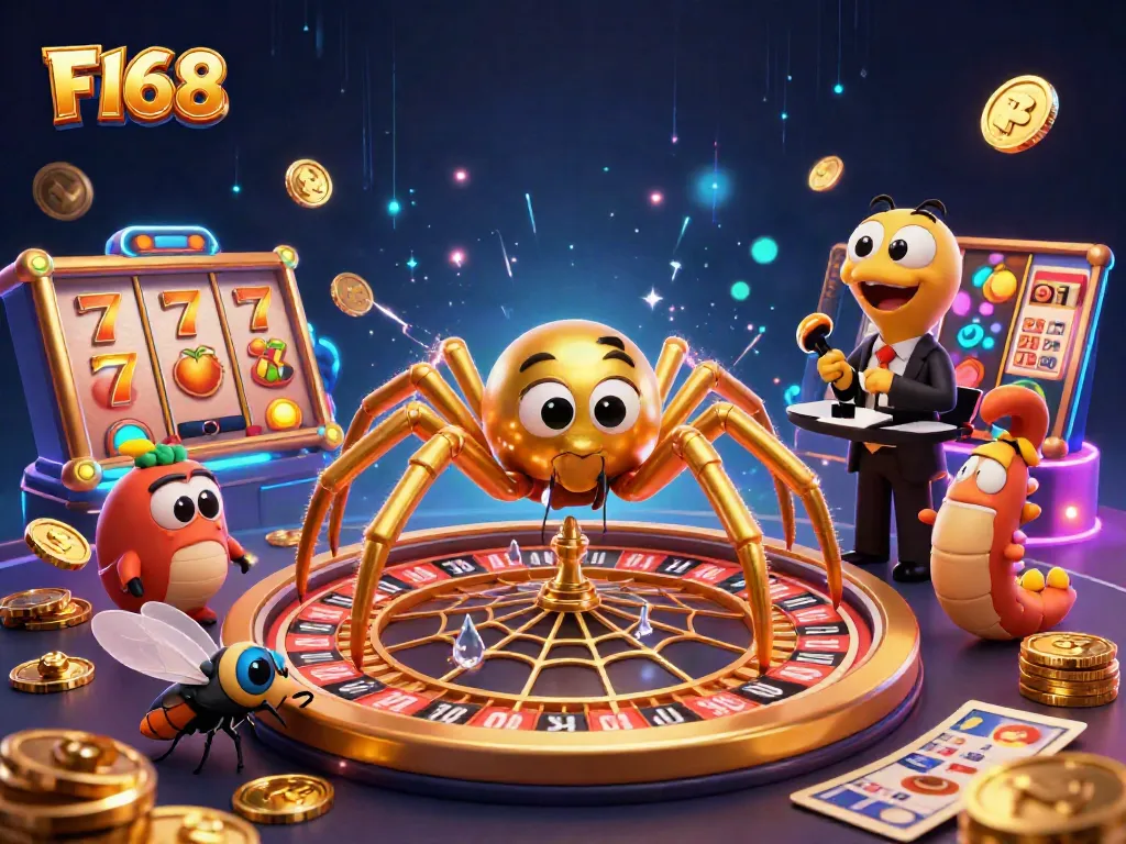 Engage with F168 at a lively casino scene, featuring a golden spider weaving a roulette wheel web.