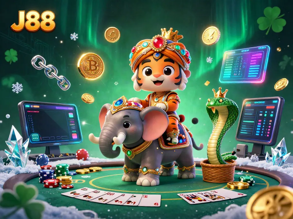 The J88 casino scene showcases an Indian maharaja tiger on an elephant surrounded by glowing cryptocurrency elements.