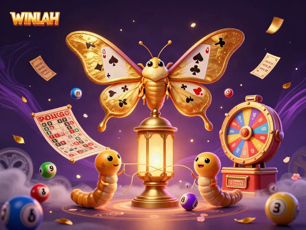 WINLAH showcases a vibrant online casino experience with colorful lottery elements and an enchanting moth illustration.