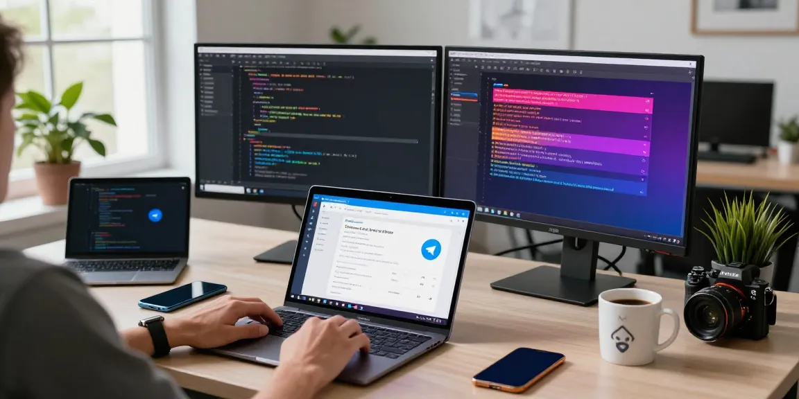 Setting Telegram中文 to Chinese interface in a modern tech workspace with vibrant gadgets.
