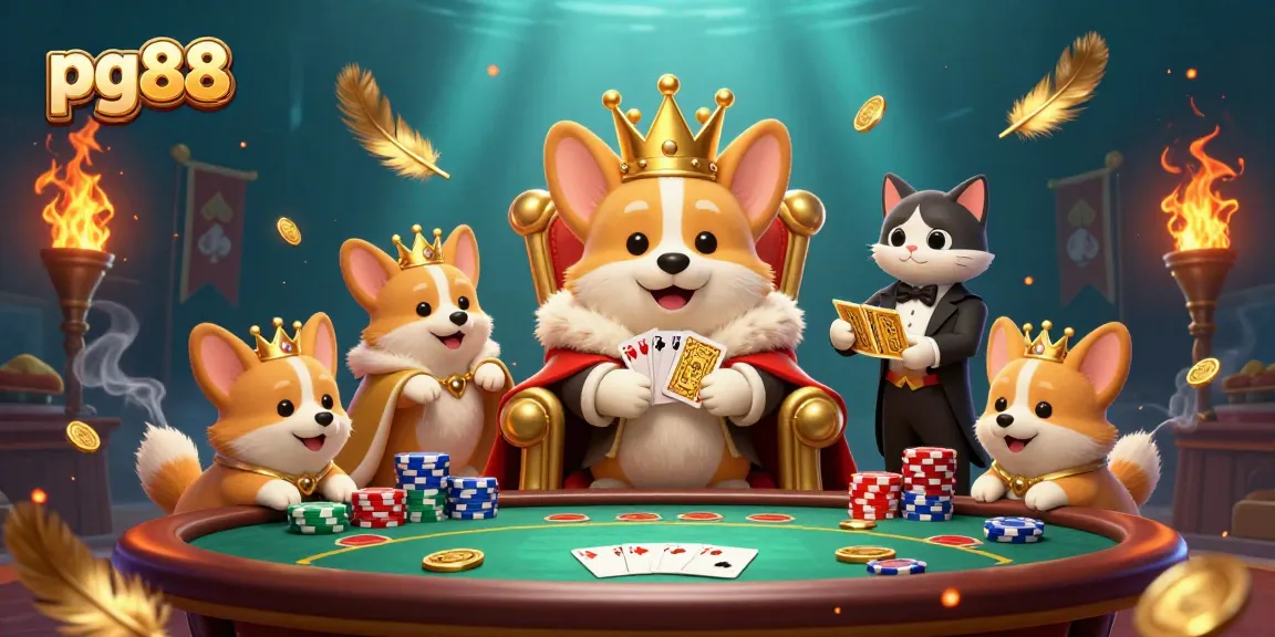 Experience pg88 gambling excitement with regal corgis and poker elements in a vibrant digital illustration.