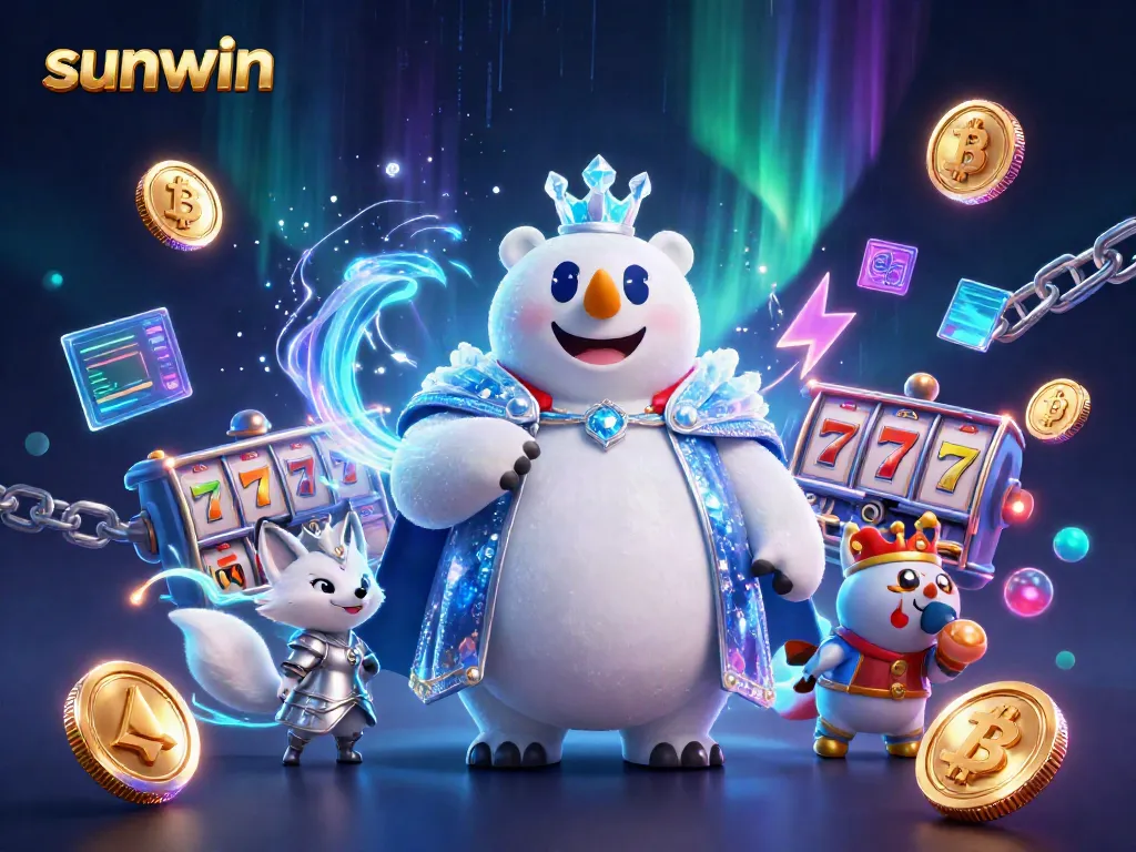 Experience the excitement of sunwin gaming with a vibrant ice king and fox, jackpot reels, and crypto coins.