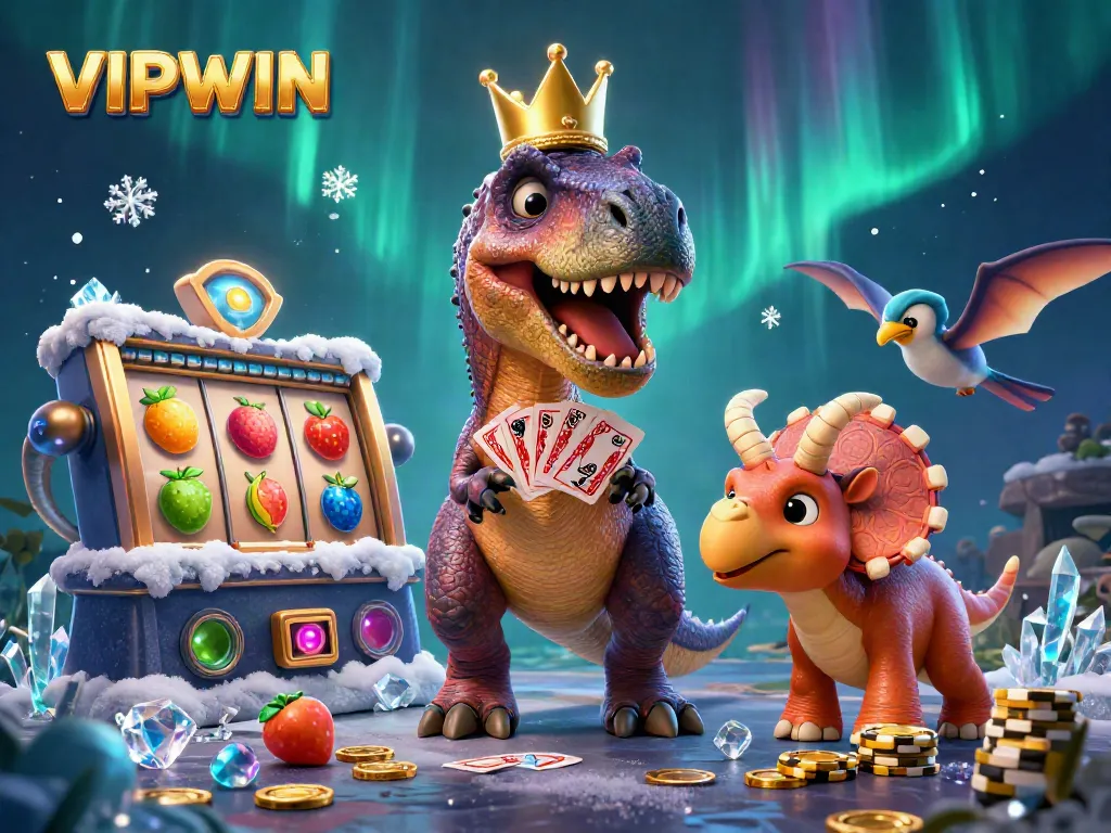 Engage with VIPWIN's thrilling casino adventures featuring a friendly T-Rex in a golden crown and friends enjoying vibrant slot games.