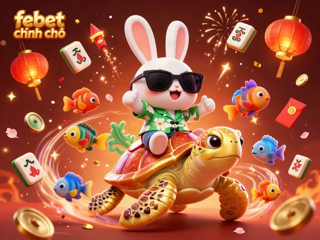 Experience dynamic gaming fun with febet chính chủ, featuring a lucky rabbit and sea turtle in a vibrant casino scene.