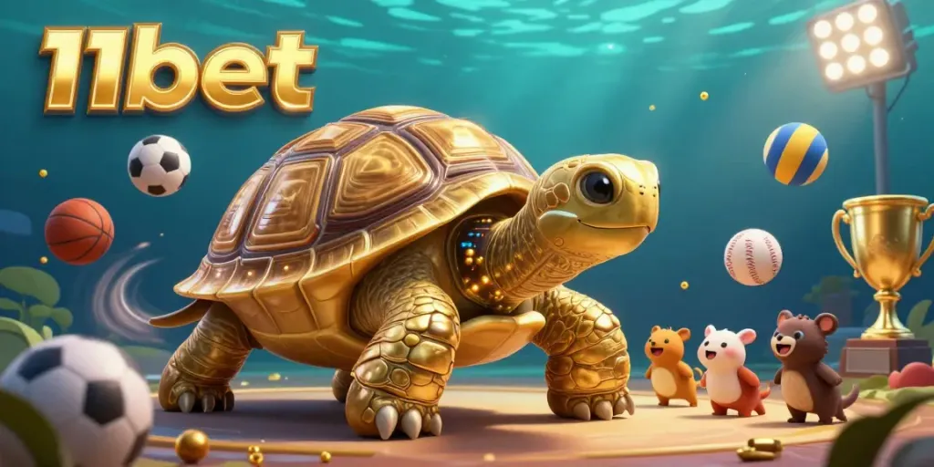 Join the excitement at 11bet with golden tortoise pinball and sports balls in a vibrant scene.