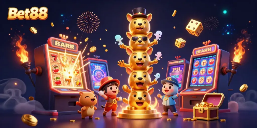 Experience the thrill of Bet88 with a vibrant 3D casino scene featuring dynamic slot machines and engaging characters.