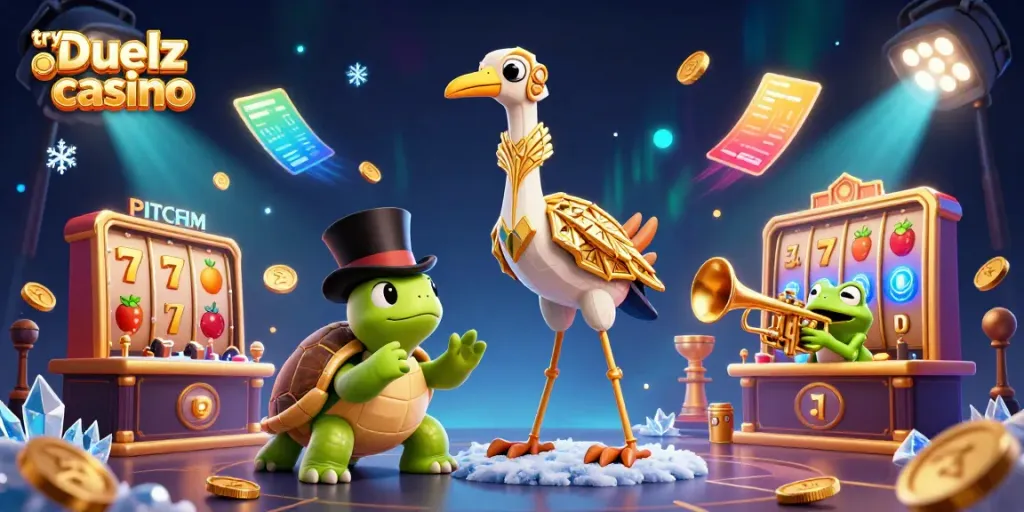 Engage with the magic of Duelz casino, featuring a lively 3D illustration of unique characters in a gaming atmosphere.