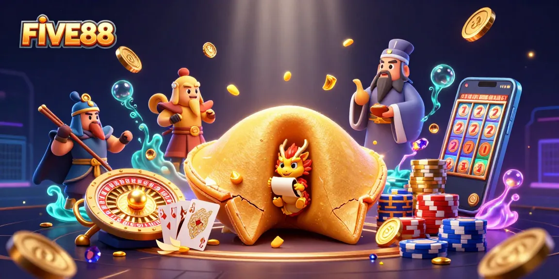 Experience exciting gaming action at FIVE88 with a vibrant casino illustration showcasing fortune elements.