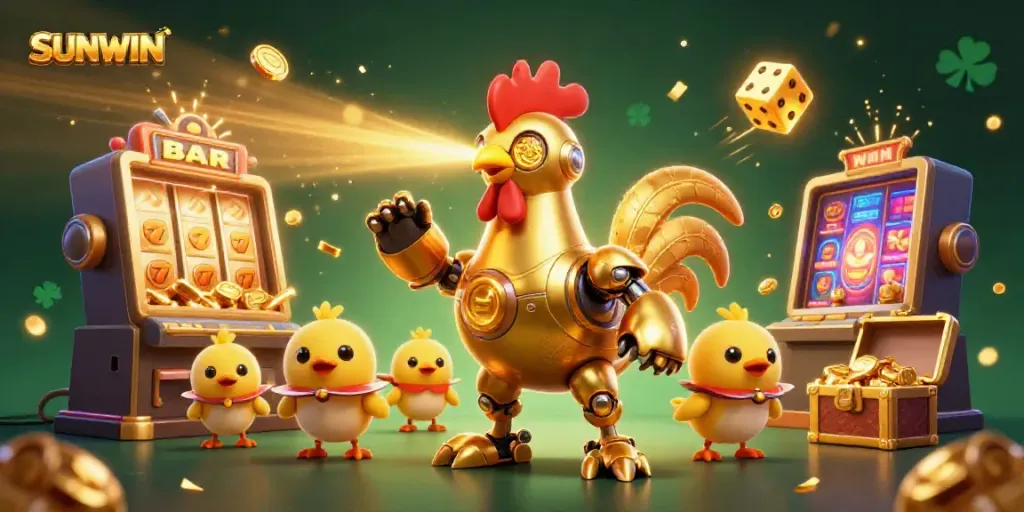 SUNWIN celebrates a vibrant jackpot experience with a golden rooster robot amidst casino excitement.
