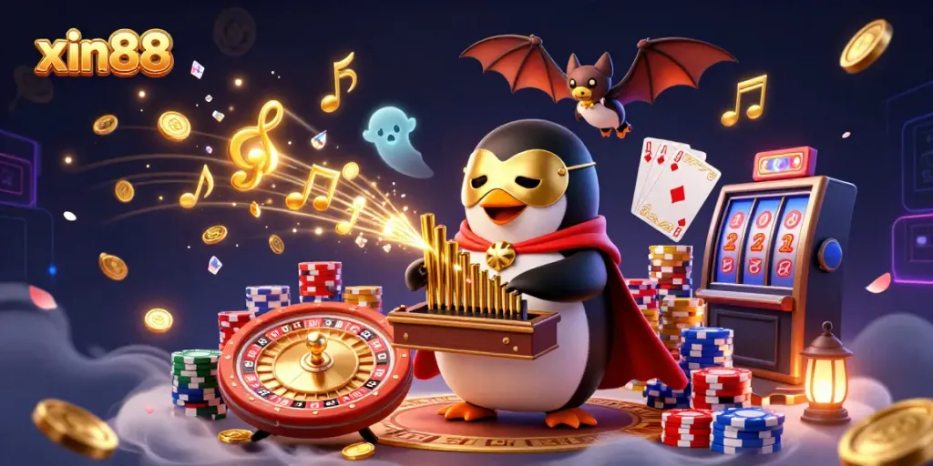 Experience thrilling gameplay at xin88 with a cartoon penguin playing an organ, shooting gold coins.