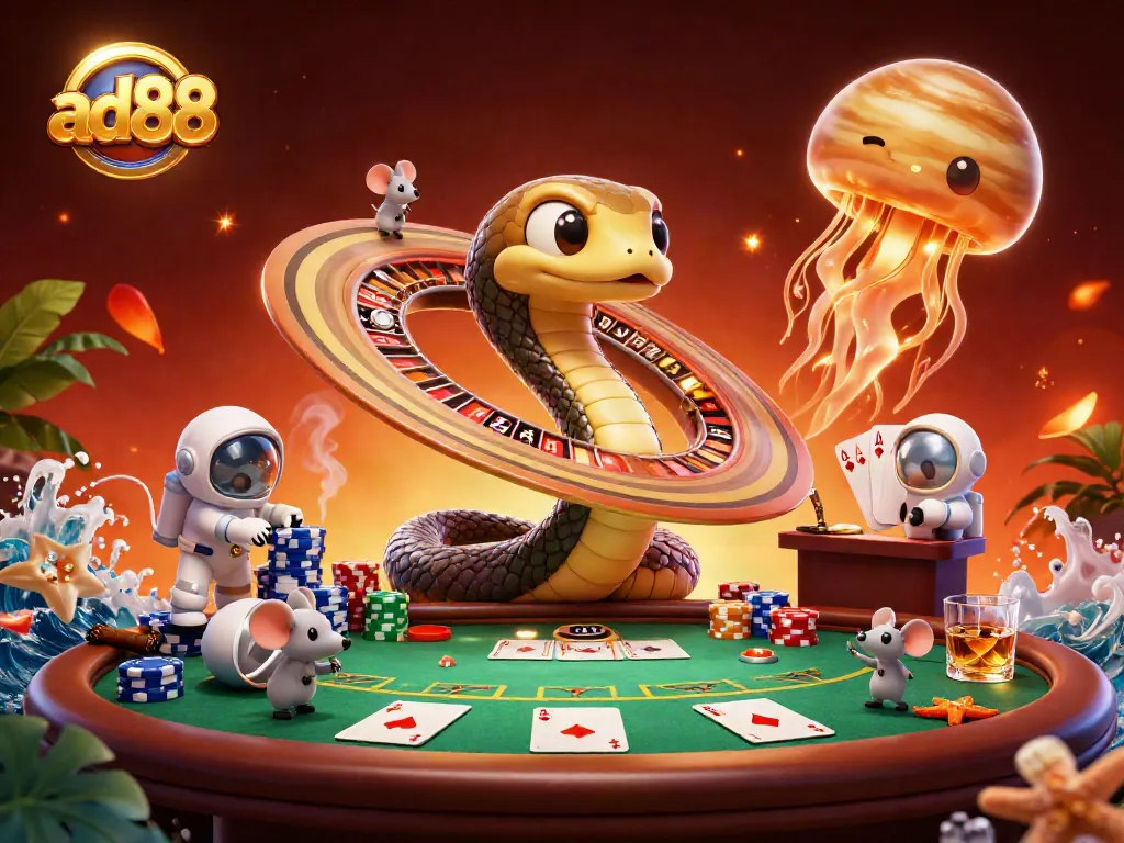 Experience the excitement of ad88 with vibrant, engaging casino artwork featuring betting astronaut mice.