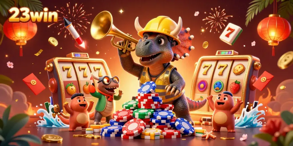 Engage with the vibrant world of 23win, featuring a playful casino-like scene with animated dinosaurs celebrating winning cards and chips.