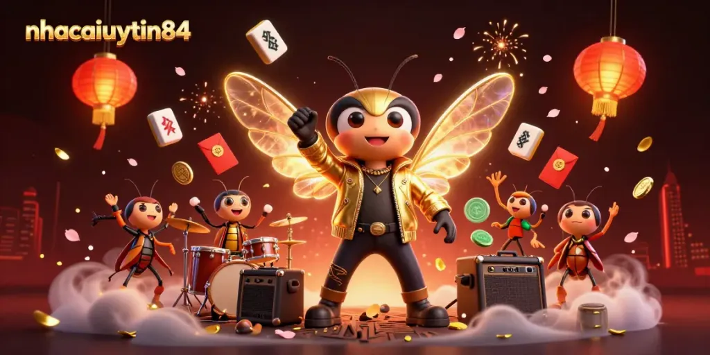 Experience the vibrant energy of nhacaiuytin84 with a rock star cicada character at an exciting casino scene.