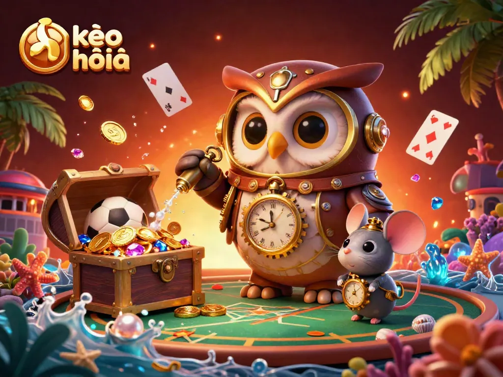 Experience the vibrant kèo nhà cái world with a cartoon owl and mouse in a steampunk casino setting, enhancing sports betting.