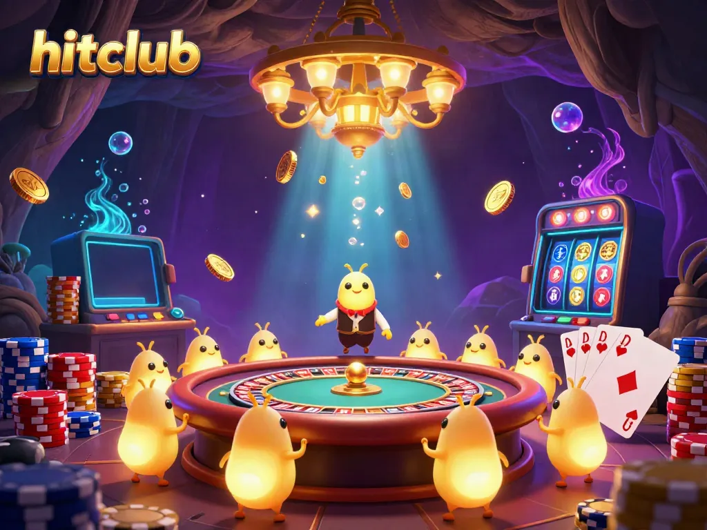 Experience the excitement of hitclub at an ultra-detailed 3D casino scene with glowworms, golden coins, and a bat dealer.