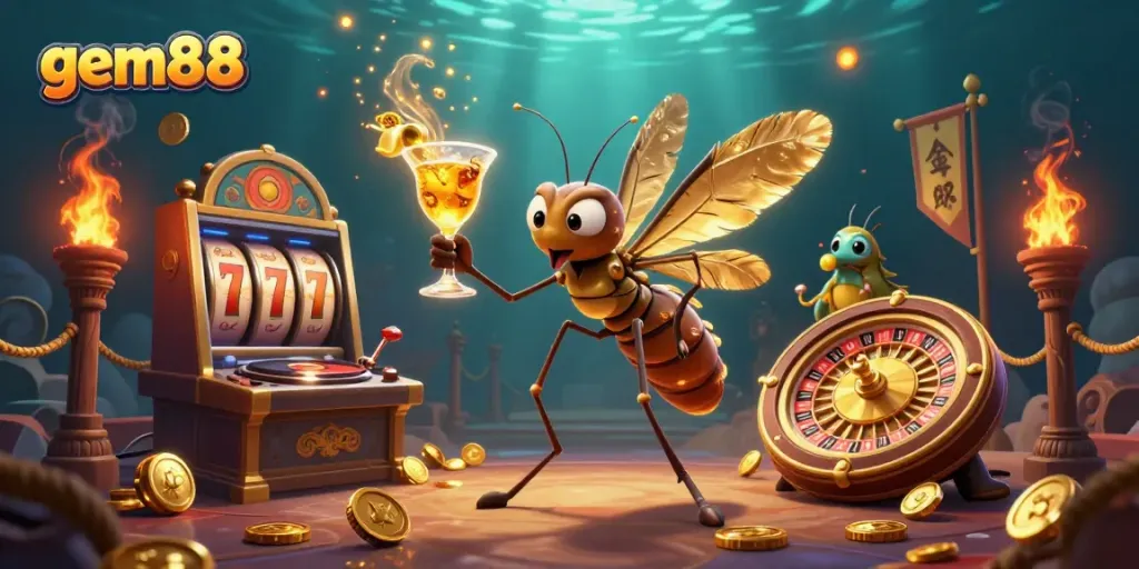 Experience thrill with gem88 as a frozen mosquito mascot and trilobite DJ set the casino scene.