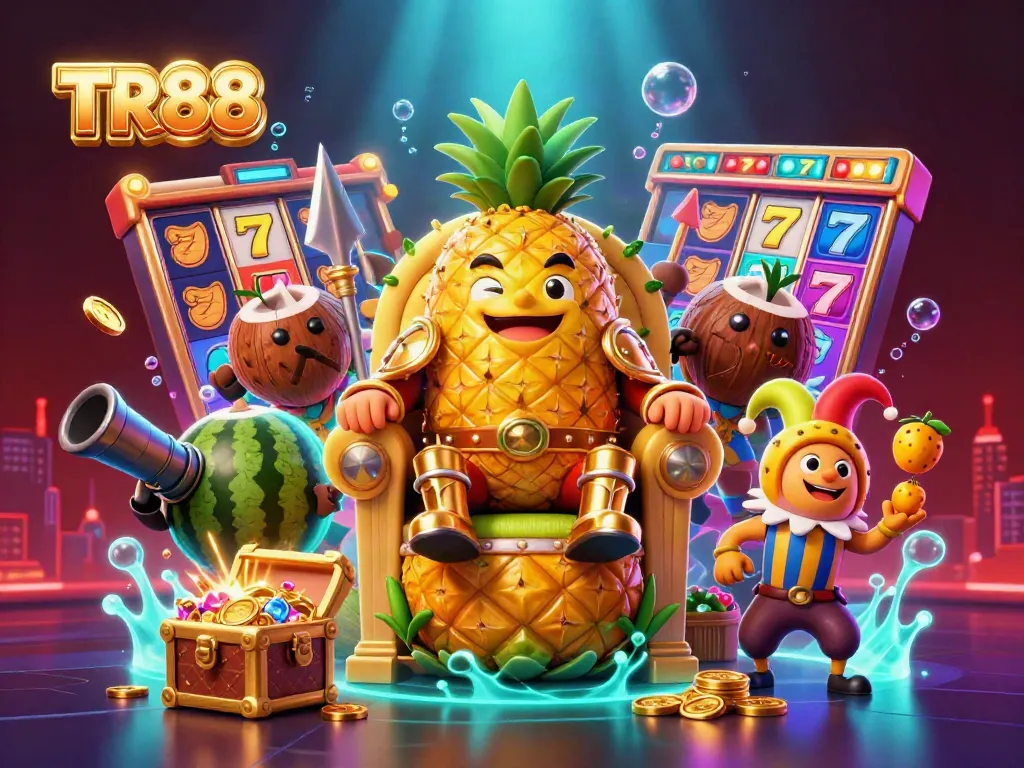 TR88 King reigns in a vibrant casino setting surrounded by slot reels and treasures while enjoying a tropical feast.