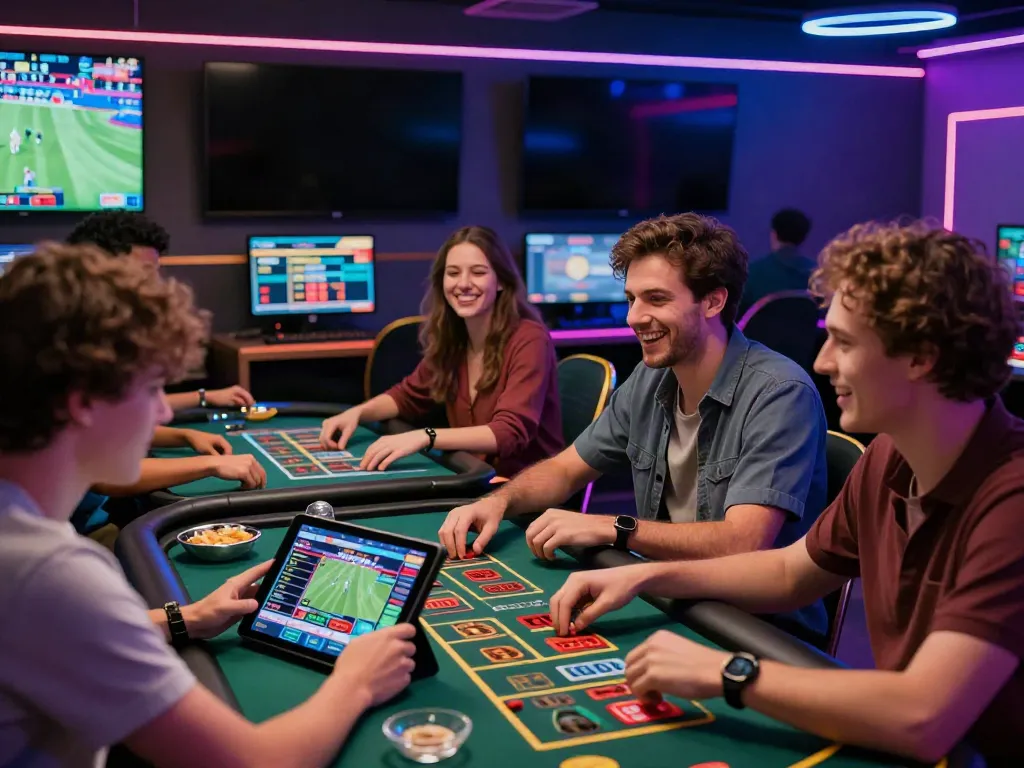 Diverse group enjoying games at SKY88 online gaming lounge with vibrant lighting.
